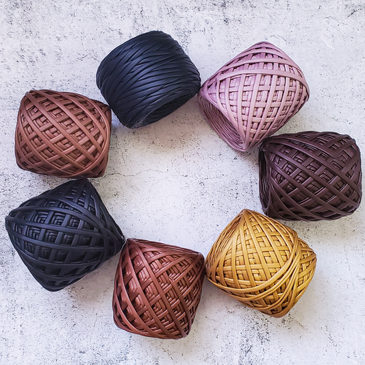 Leather looking T-shirt yarn for crocheting baskets, bags, rugs and home decor.