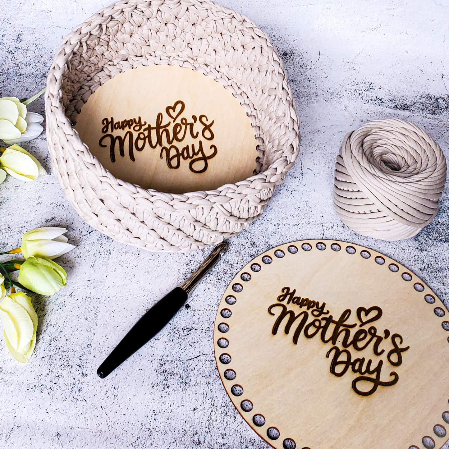 Mother's Day Crochet Basket Kit with engraved wooden base