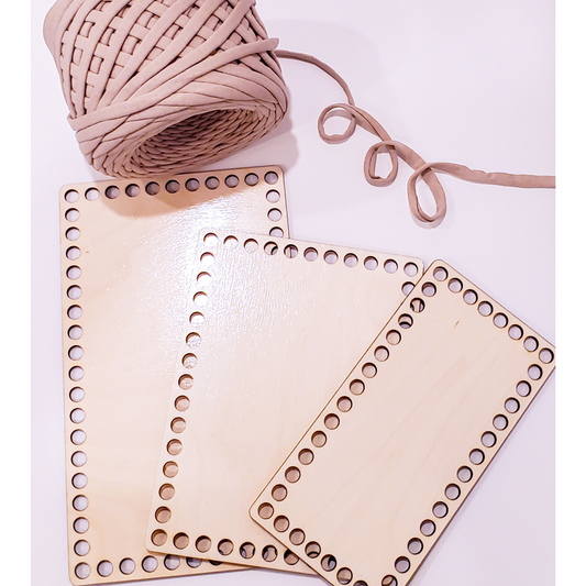 Bundle of t-shirt yarn and basket wooden rectangular base  dark colors