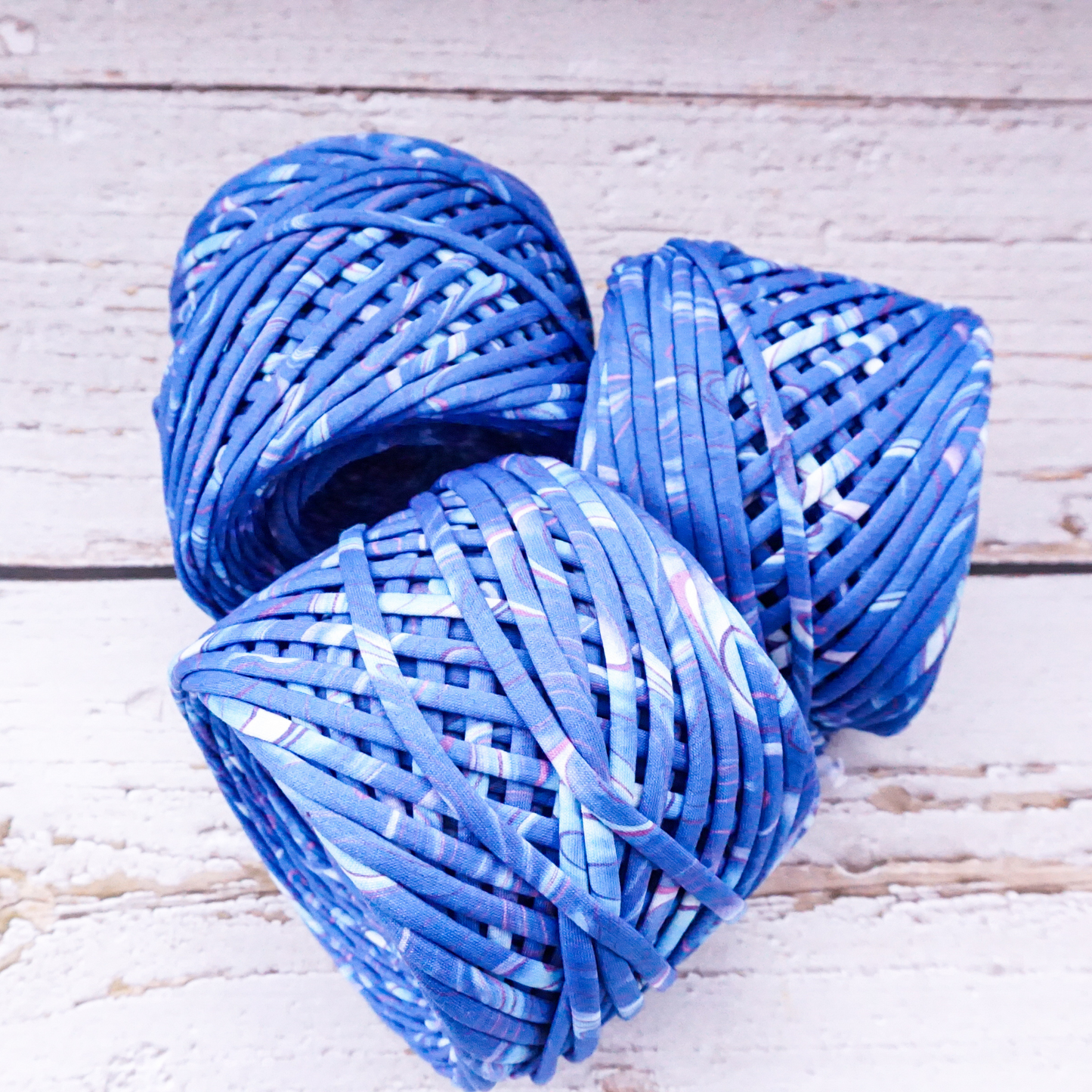 T-shirt yarn for crocheting baskets, bags, rugs and home decor. Blue cosmic