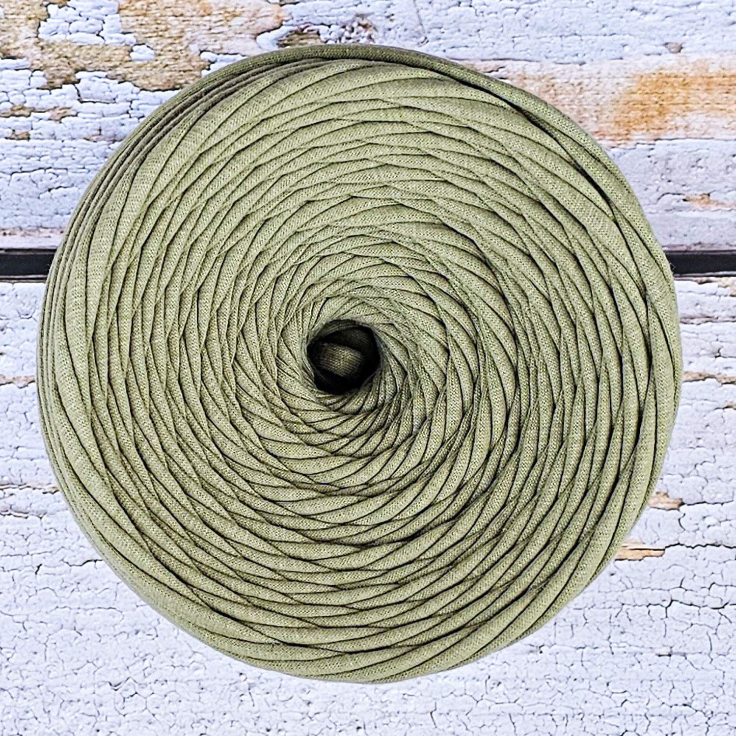 T-shirt yarn for crocheting baskets, bags, rugs and home decor.  Olive green