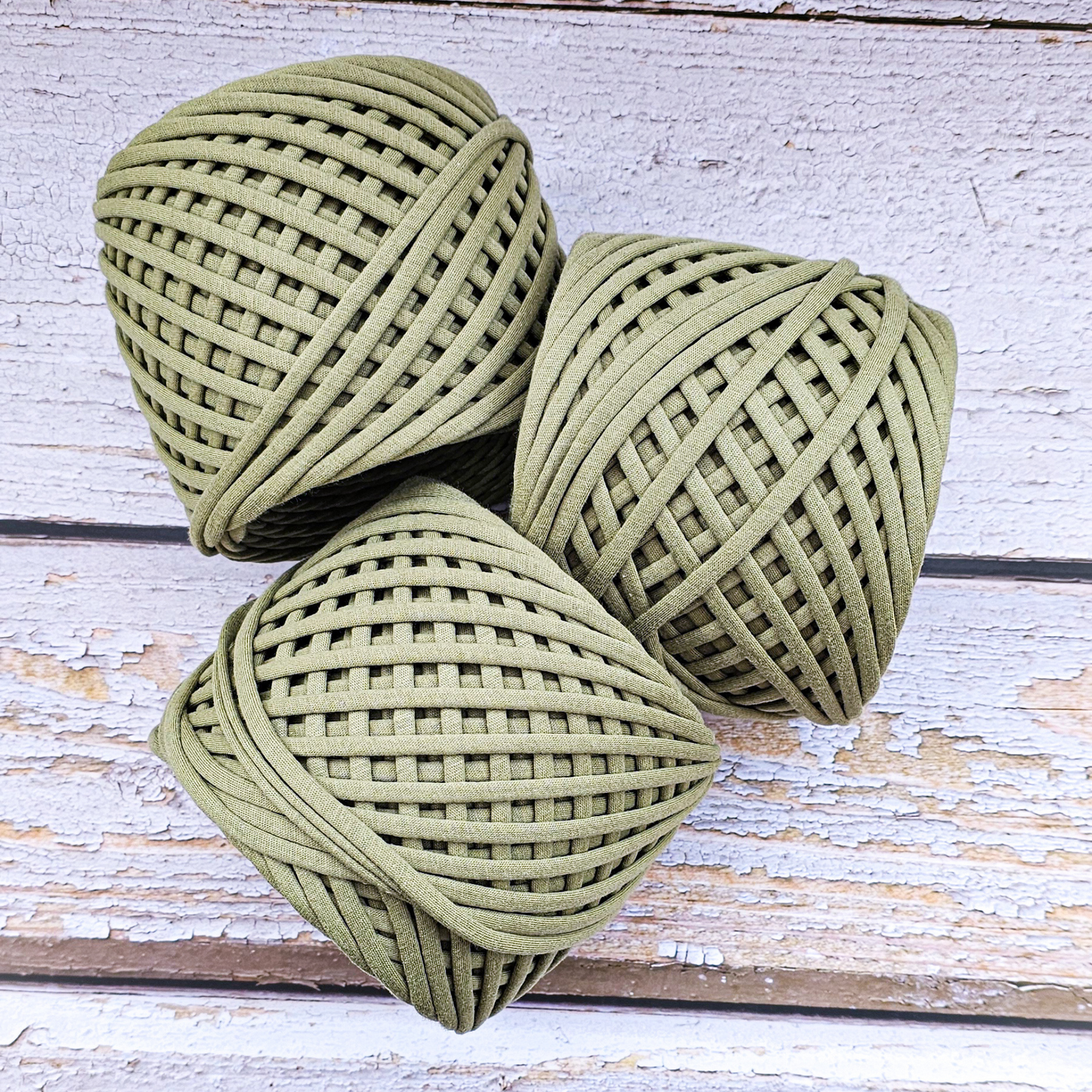 T-shirt yarn for crocheting baskets, bags, rugs and home decor.  Olive green