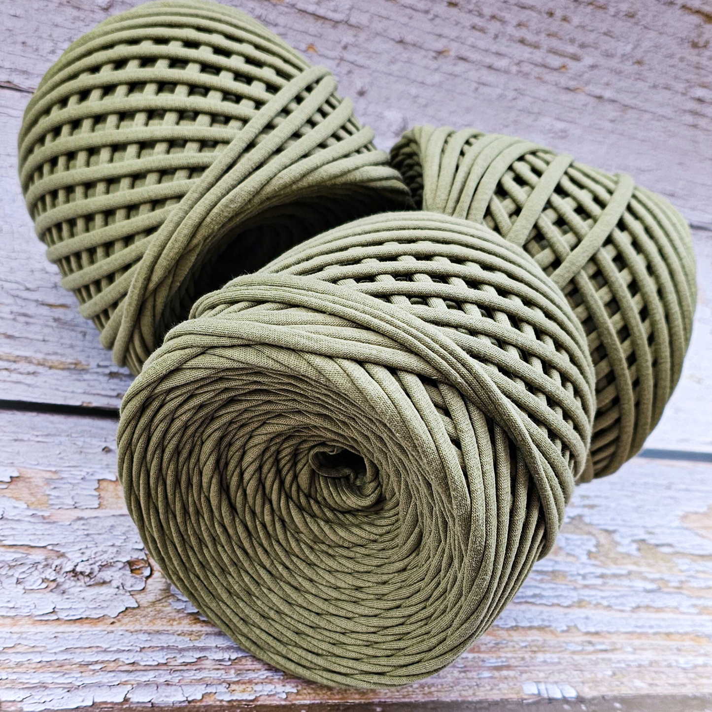 T-shirt yarn for crocheting baskets, bags, rugs and home decor.  Olive green