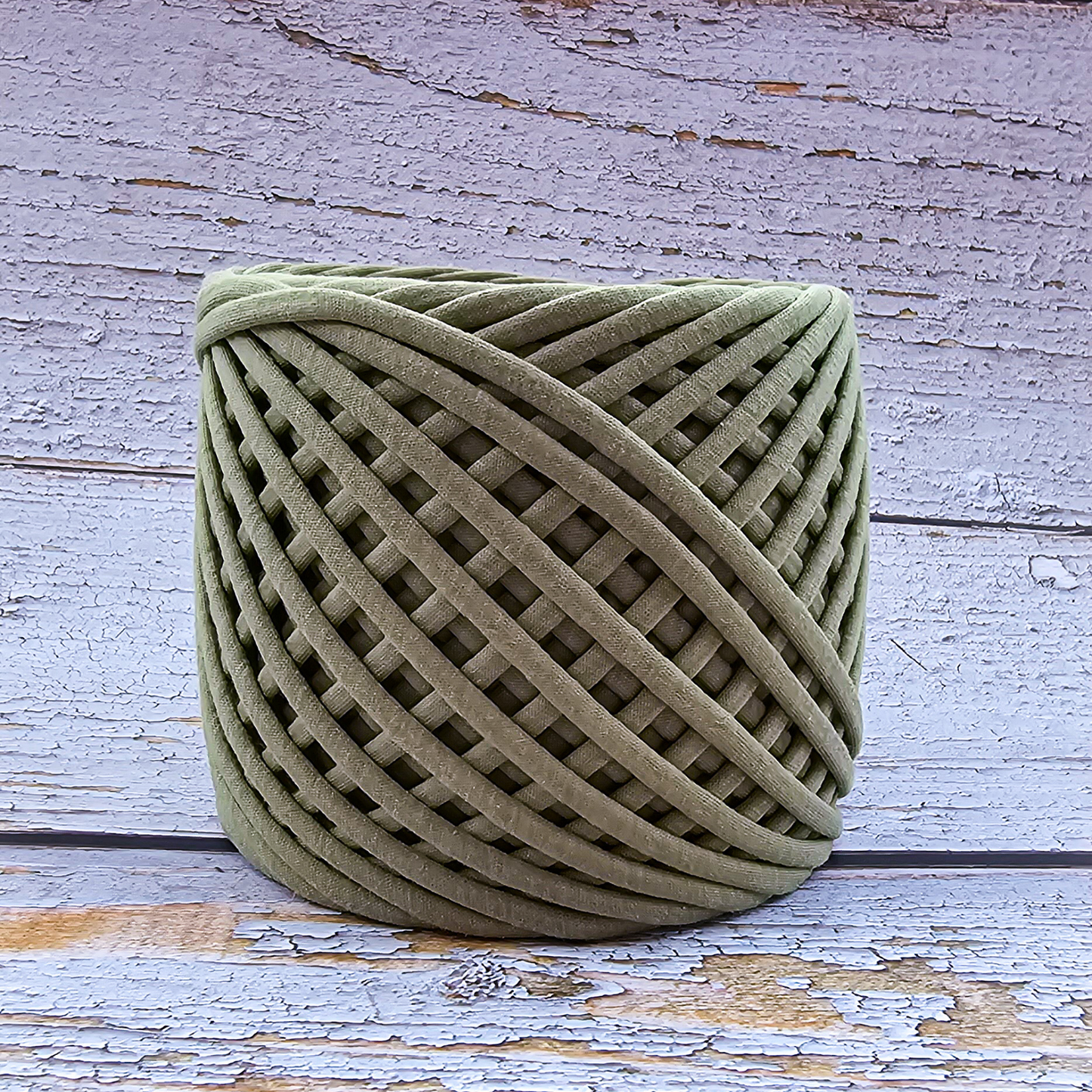 T-shirt yarn for crocheting baskets, bags, rugs and home decor.  Olive green