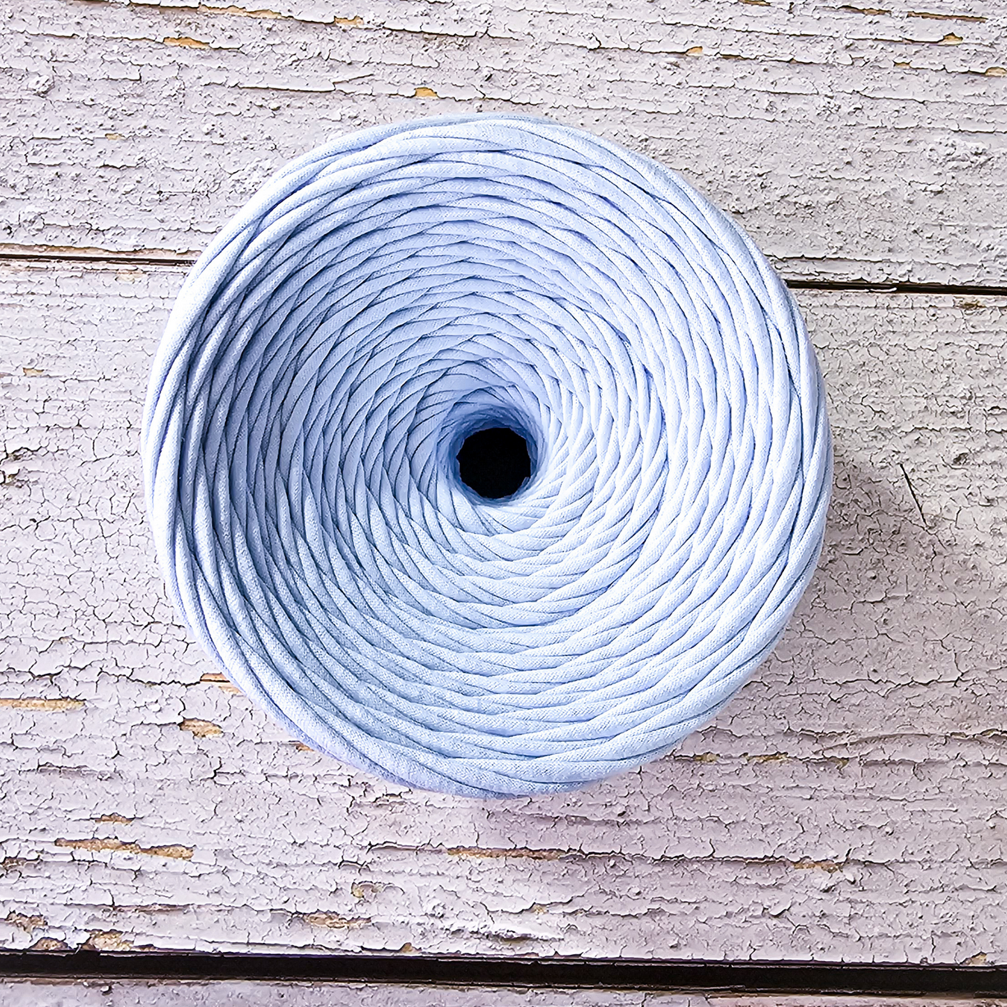 T-shirt yarn for crocheting baskets, bags, rugs and home decor. Sky blue