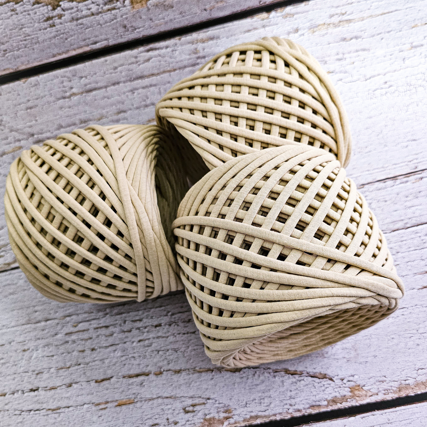 T-shirt yarn for crocheting baskets, bags, rugs and home decor. Latte