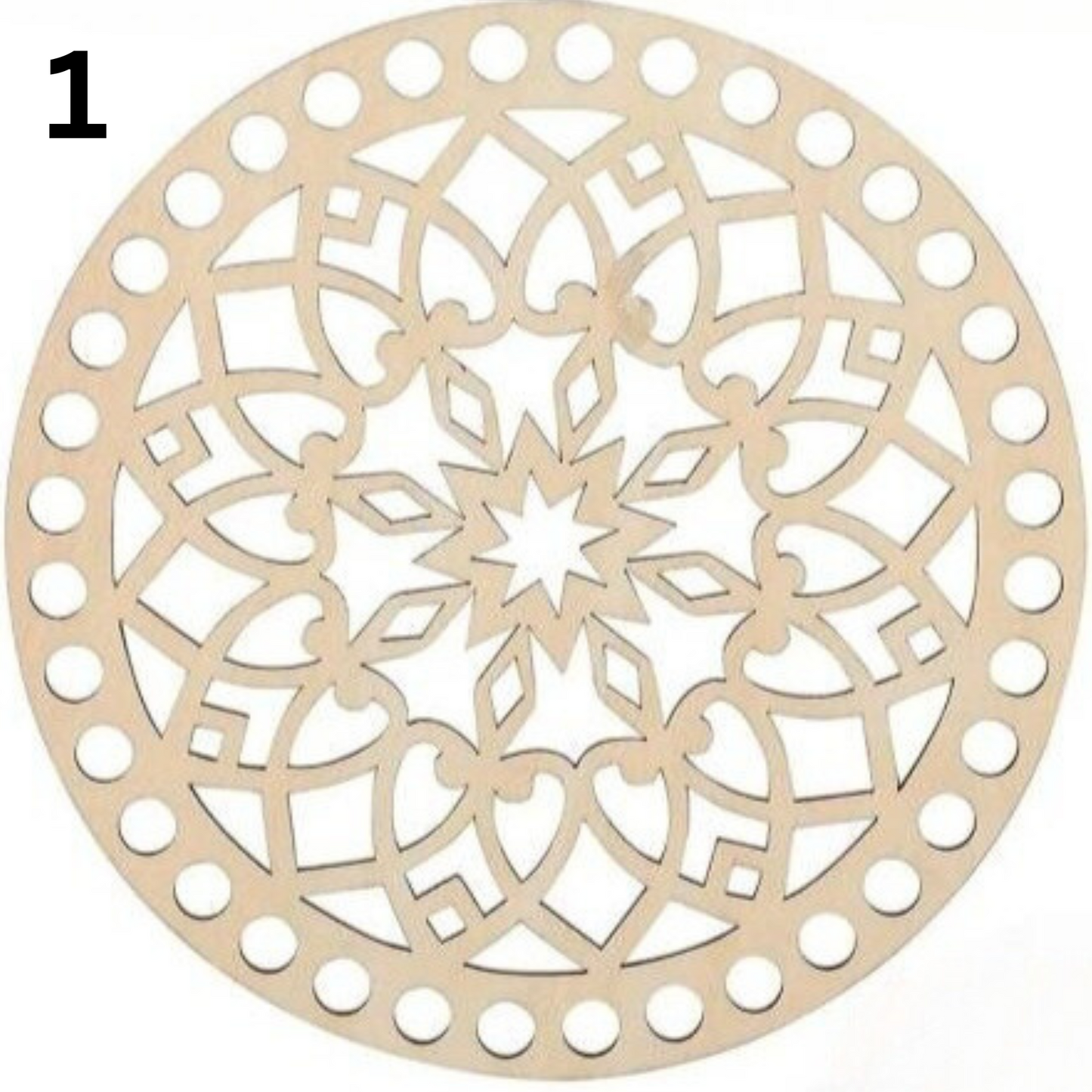 Round Wooden base lid with cut out designs for crochet basket