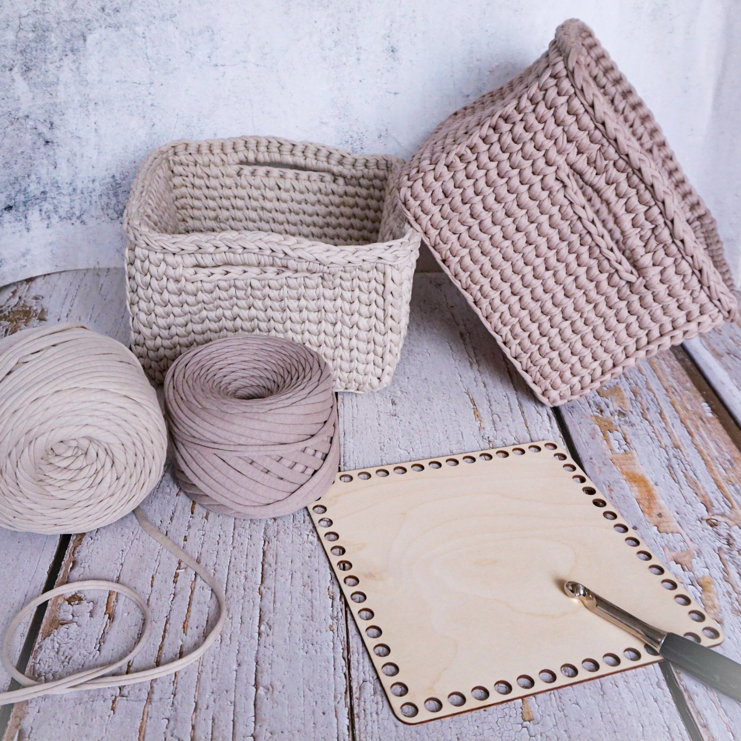 DIY Crochet Square Basket Kit with wooden base and handles