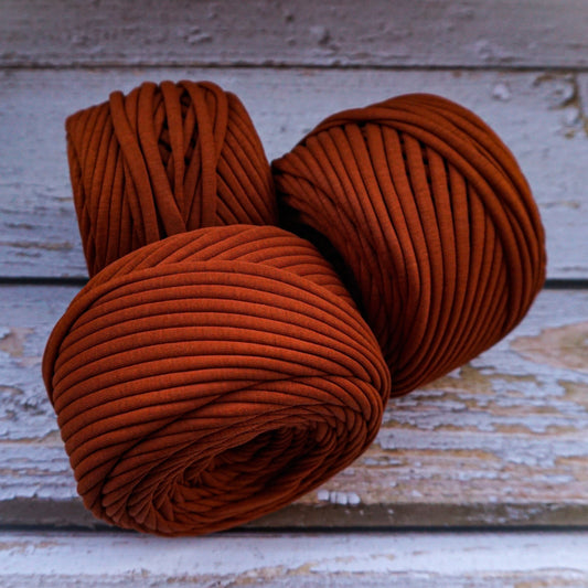 T-shirt yarn for crocheting baskets, bags, rugs and home decor. Dark burnt orange
