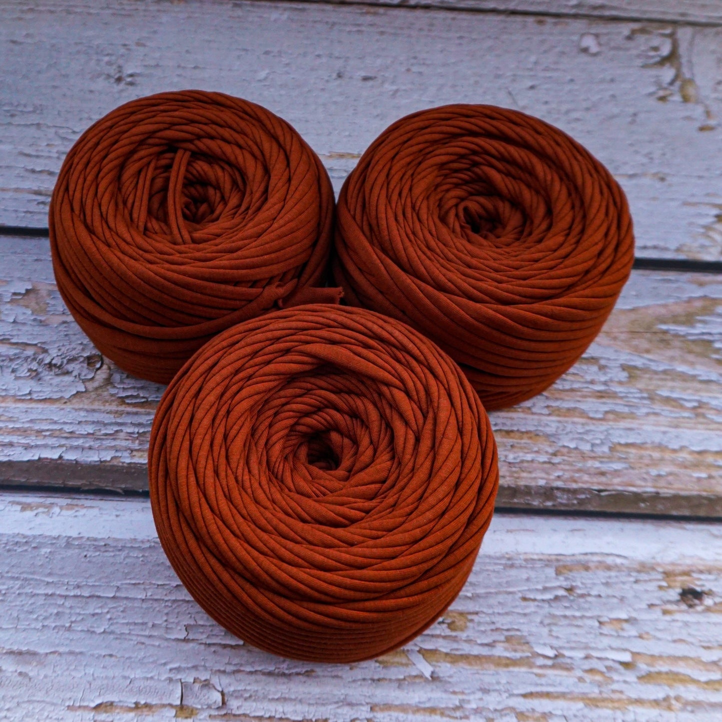 T-shirt yarn for crocheting baskets, bags, rugs and home decor. Dark burnt orange