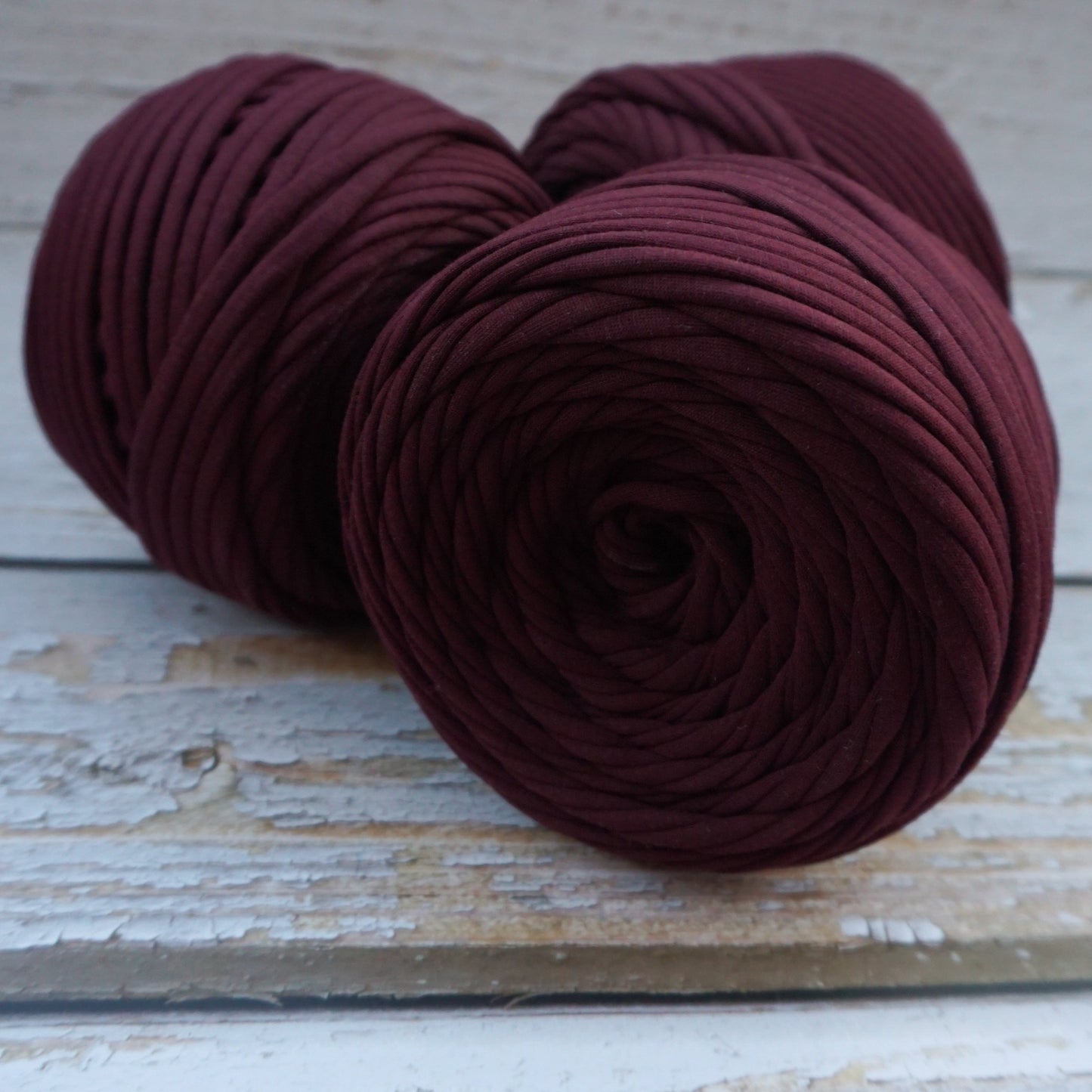 T-shirt yarn for crocheting baskets, bags, rugs and home decor. Dark burgundy
