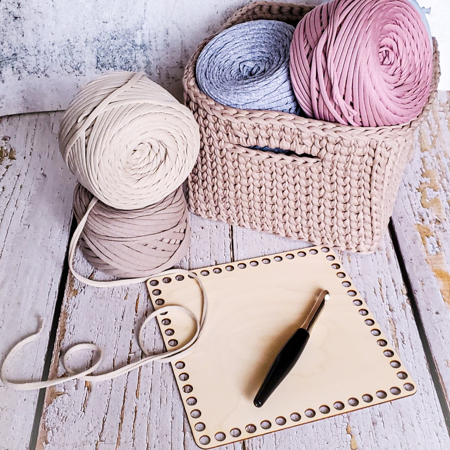 DIY Crochet Square Basket Kit with wooden base and handles