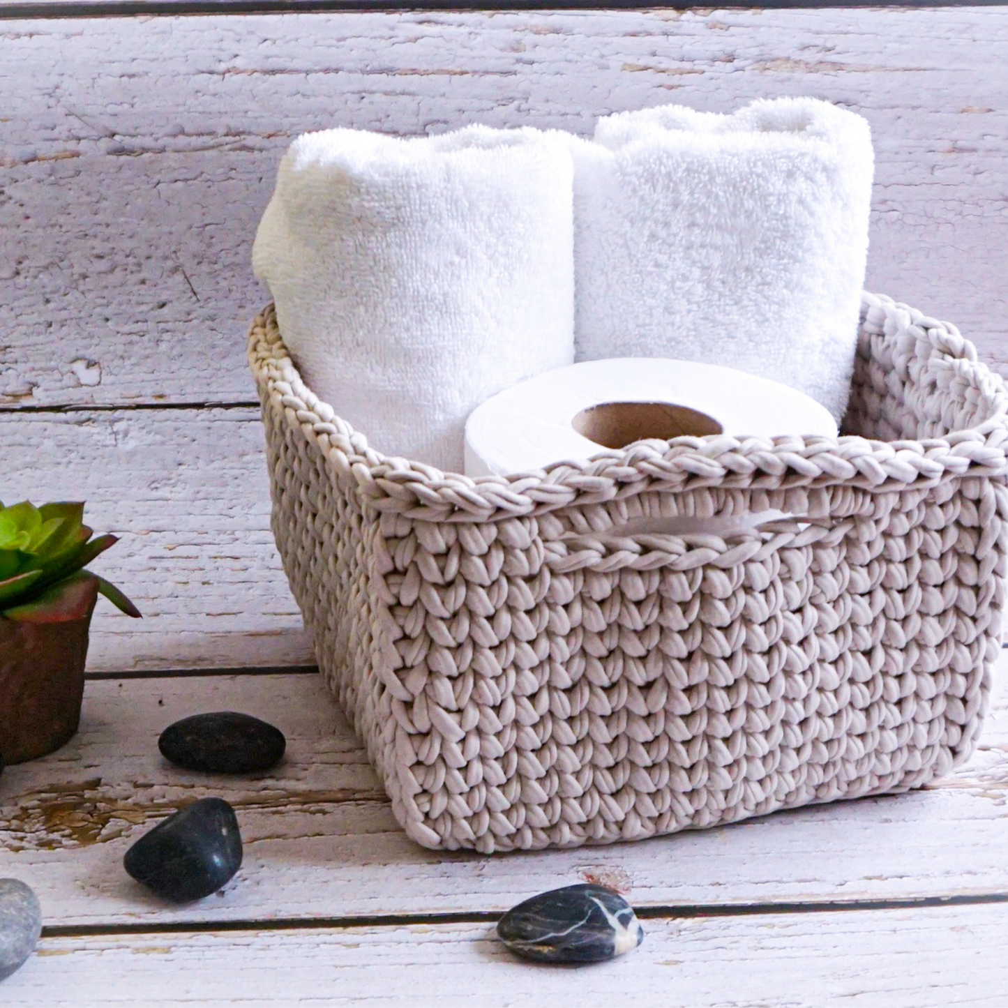 DIY Crochet Square Basket Kit with wooden base and handles