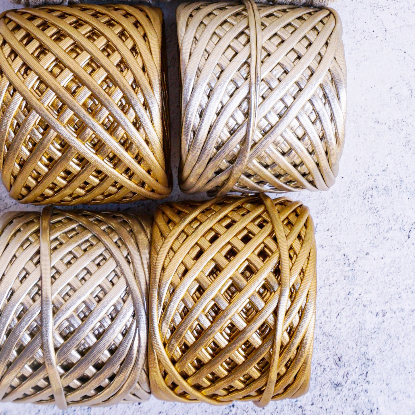 Metallic T-shirt yarn for crocheting baskets, bags, rugs and home decor.