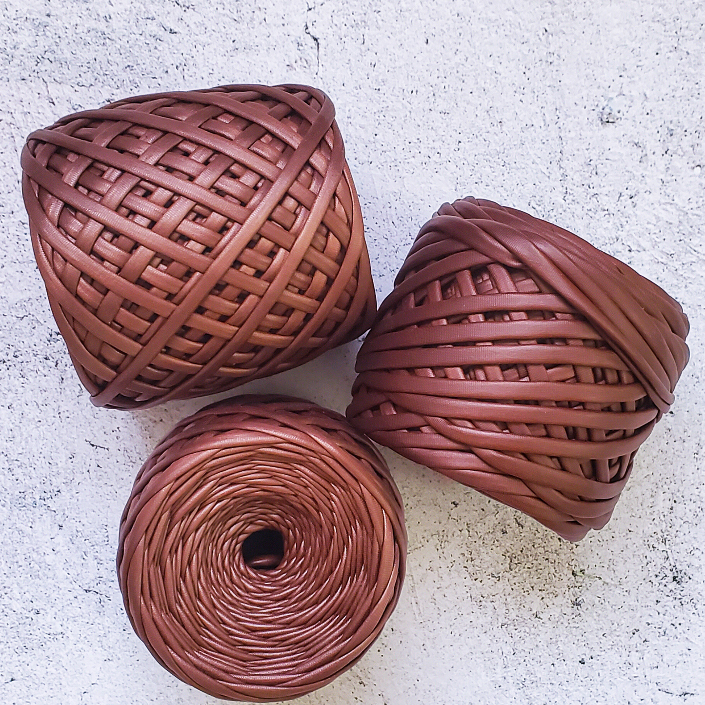 Leather looking T-shirt yarn for crocheting baskets, bags, rugs and home decor.